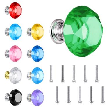 Imagem de Spriak Pacote com 10 puxadores de gaveta multicoloridos incluídos 10 cores, 30 mm colorido cristal vidro armário armário puxador forma diamante guarda-roupa puxador com parafuso para cozinha, banheiro