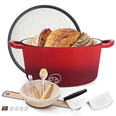 Imagem de E-far Panela de forno holandês esmaltada para assar pão, panelas de ferro fundido esmaltado de 6 litros com tampa autobasting e suprimentos para assar pão de fermento, caçarola resistente e alças