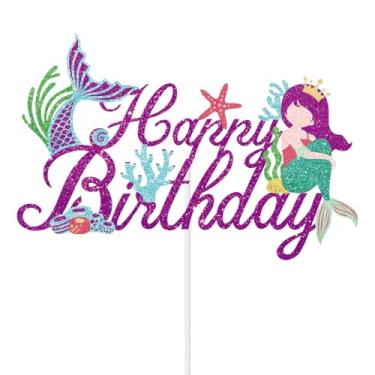Imagem de Topo Bolo Feliz Aniversário Sereia, Tema Glitter Subaquático Decoração Bolo com Conchas e Cauda Coral para Chá Bebé Revelação Género Artigos para Festas Aniversário