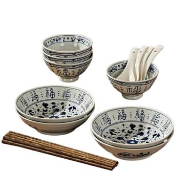 Imagem de Pratos coloridos de cerâmica azul e branco Fuzi sob o vidrado requintados utensílios de mesa personalizados para uso doméstico - (4,5 tigelas) conjunto de 16 para 4 pessoas.