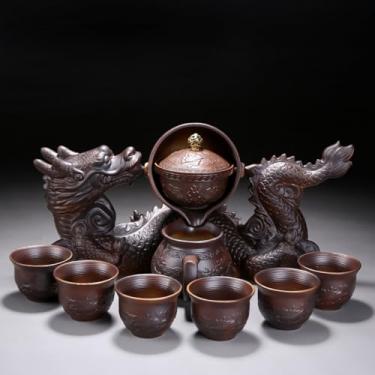 Imagem de Conjunto de chá chinês Gongfu – Bule de chá giratório de cerâmica 360 com infusor, 6 xícaras, design de dragão semiautomático para chá de folhas soltas