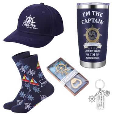 Imagem de LIUBUJINGYING 5 peças de presentes de barco para homens, chapéu de capitão, porta-chaves, copos de aço inoxidável I'm Captain Tumbler 590 g, meias, abridor de cerveja náutica, presente para pescador