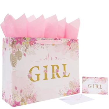 Imagem de Conjunto de bolsa de presente extra grande para bebês de 40 cm com alças, cartão comemorativo, papel de seda rosa e adesivos para meninas e crianças para chá de bebê, festa de aniversário de meninas