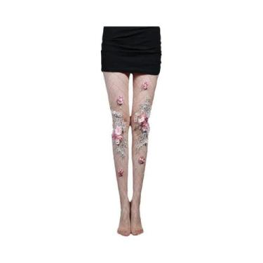 Imagem de Meia-calça De Rede Com Bordado De Flor Rosa, Sexy E Elegante Para Mulh