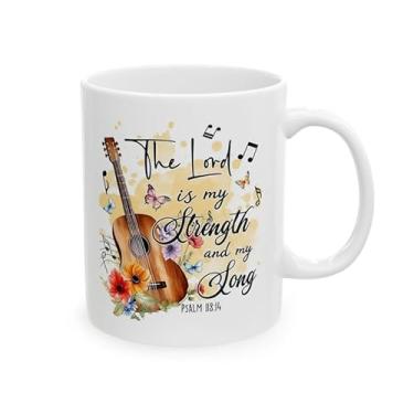 Imagem de Caneca de café da escritura cristã, design floral de guitarra, citação do Salmo 118:14, 325 ml, branca