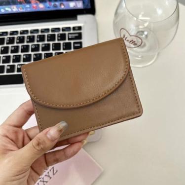 Imagem de Carteira feminina, porta-cartão de couro, porta-cartão de crédito simples, caixa de cartão de visita, bolso compacto para moedas, Marrom, Elegante