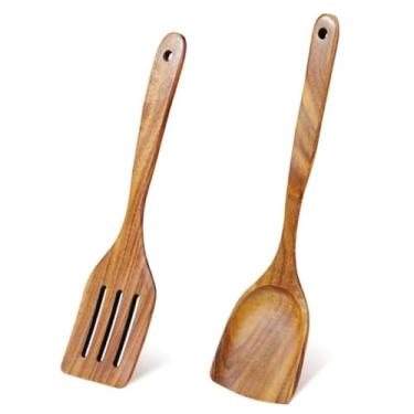 Imagem de Conjunto de espátula de cozinha de madeira de 2 peças para panelas antiaderentes, utensílios de madeira, torneador e espátula de fenda tripla para fritar, virar mexer