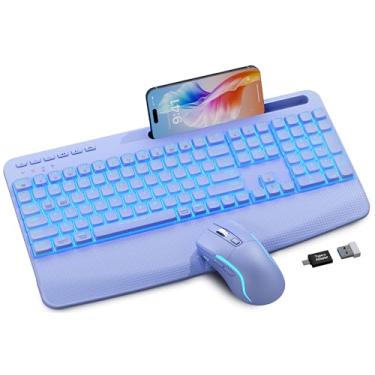 Imagem de Conjunto de teclado e mouse roxo sem fio, 4000 mAh, teclado silencioso recarregável, teclado ergonômico USB com descanso de pulso e suporte de telefone para PC, Mac, Windows, digitação suave natural