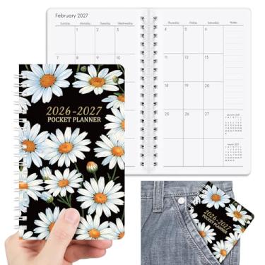 Imagem de ReliThick Calendário de bolso pequeno espiral 2026-2027 para agenda mensal com capa de PVC, cadernos de anotações, presente de agradecimento para mulheres (margarida preta)