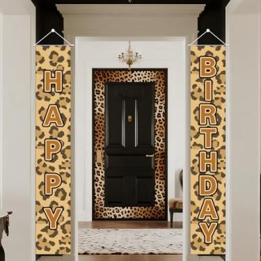 Imagem de Balterever Cheetah Print Decorações de festa de aniversário leopardo feliz aniversário porta bandeira estampa de guepardo sinal de varanda tema safári lembrancinhas de festa para atividades ao ar