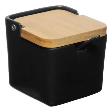 Imagem de 2X Saleiro Porcelana Preto Tampa De Bambu Com Colher Tempero