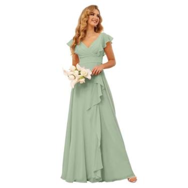 Imagem de Vestido de dama de honra TIRAS Ruffles Chiffon com decote em V verde s