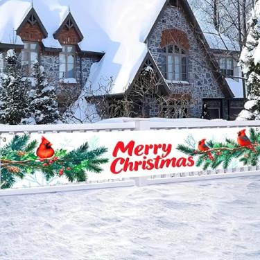 Imagem de HOMETITUTE Faixa de Feliz Natal, design de pássaros cardeais, 295 x 50 cm, guirlanda de pinheiro, decoração de férias, para uso ao ar livre, cerca, varanda, parede, quintal, artigos de festa, cenário