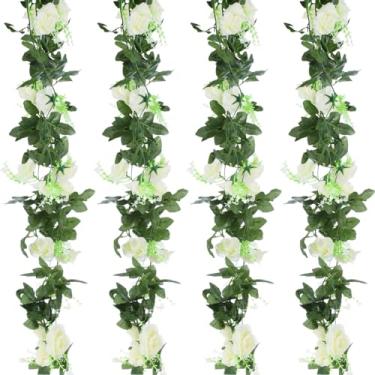 Imagem de Guirlanda de vegetação sintética com rosas brancas, 4 peças de videiras florais artificiais para arco de casamento, decoração de casa e festa