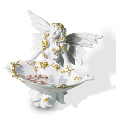 Imagem de Beciway Bandeja de joias elegante de anjo de 15 cm, requintada estátua de anjo de resina, suporte de joias exclusivo para decoração de quarto ou sala de estar
