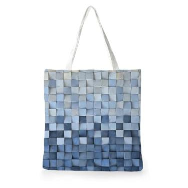 Imagem de Yhtrg Sacola xadrez azul e branca, sacola de lona abstrata de ombro azul para mulheres, sacolas de compras de supermercado reutilizáveis, sacolas de presente xadrez para amantes