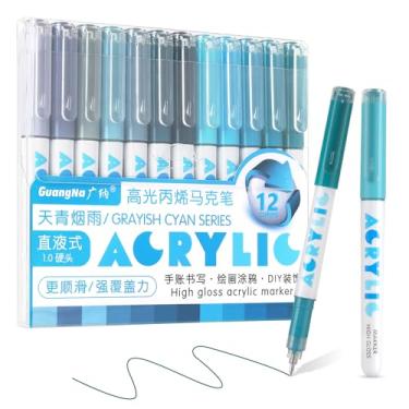 Imagem de Marcadores de tinta acrílica, marcadores de acrílico de 12 cores com ponta de bala, cobertura forte, grande capacidade de tinta, canetas de tinta multiuso para pintura rupestre, artesanato, bricolagem