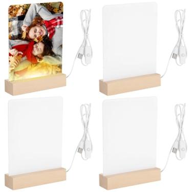 Imagem de Conjunto de 4 molduras de acrílico para fotos, painéis de luz LED de 15 x 20 cm com base de madeira, luz noturna alimentada por USB, impressão por sublimação, presente exclusivo para família e amigos