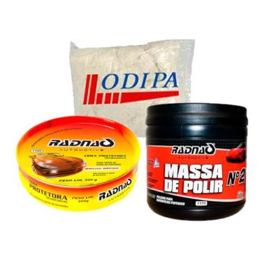 Imagem de Kit Polimento Automotivo Massa De Polir N°2 500g Tira Risco + Cera Protetora Tradicional 200g RADNAQ + Estopa Odipa