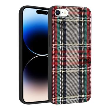 Imagem de Yomjew Capa de telefone xadrez Feliz Natal para iPhone 16e 6,1 polegadas, linda capa de Natal vermelha cinza escocesa tartã quadriculada listrada, design capa à prova de choque, capa protetora de