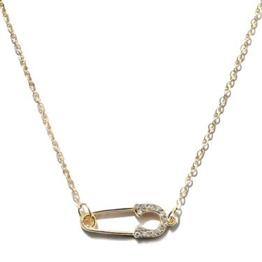 Imagem de Naturepernulo Colar com pingente de alfinete de segurança dourado para mulheres, pequeno alfinete de segurança lateral, colar de zircônia cúbica com clipe de papel e pingente, Moderate type, Metal