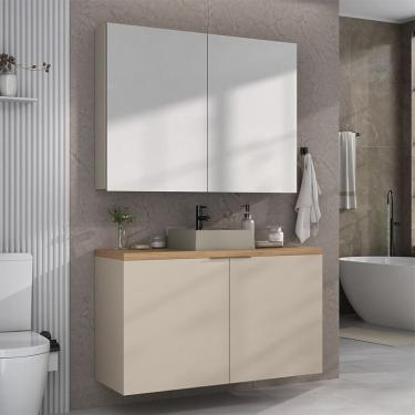 Imagem de Conjunto de Gabinete e Armário de Banheiro com Espelho Nature I 4 Portas Nude e Carvalho 110 cm
