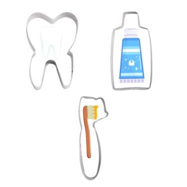 Imagem de Conjunto de 3 peças de cortadores de biscoito, cortador de biscoito com tema dental de aço inoxidável com escova de dentes em forma de pasta de dente moldes de biscoito para assar fondant artesanato