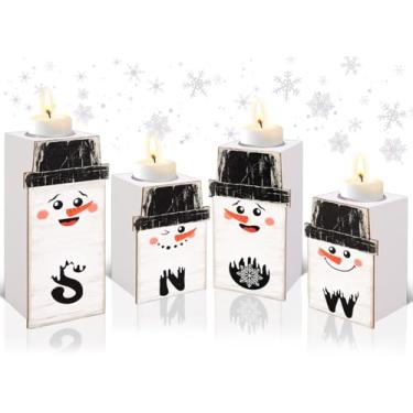 Imagem de FYSUIMU Conjunto de 4 castiçais de madeira de Natal vintage boneco de neve de inverno artesanato de madeira centro de mesa para decoração de bandeja em camadas de mesa de Natal