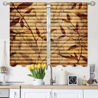 Imagem de Gpiaoyfo Cortinas de cozinha de bambu vintage oriental folhas de bambu cerca ramo ramos cortinas de camada curta para banheiro café cortinas pequenas tratamento 2 painéis (27,5 x 39 polegadas)