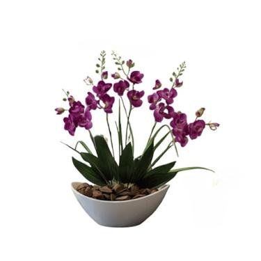 Imagem de Arranjo de Orquídea Artificial Phalaenopsis com Vaso Côncavo Branco e Casca Polida - Decoração Sofisticada para Ambientes Internos(Roxo1)