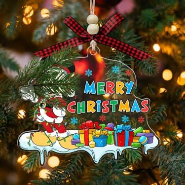 Imagem de Enfeite de acrílico de Natal de Papai Noel, decoração de árvore de Natal, enfeite de desenho animado de mouse estilo Mickey para crianças, meninos, meninas, fãs de desenho animado (com laço vermelho e