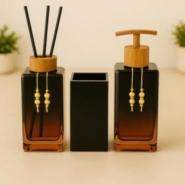 Imagem de Kit Lavabo Banheiro Luxo Square com Difusor, Sabonete Líquido e Porta Escova de Vidro(Preto Rose C/Amadeirado)