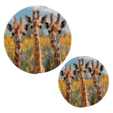 Imagem de Blueangle Suporte de panela com 2 peças engraçadas de girafas - Conjunto de pegadores de panela de tecido redondo - Almofadas quentes trançadas de algodão - porta-copos - Tapetes de mesa para cozinhar