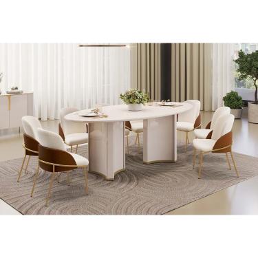 Imagem de Sala de Jantar Completa Liz c/ Tampo Madeirado c/ Vidro Oval 218x108cm e 8 Cadeiras Vitta Off White - Boucle Perola/Terracota - DJ Móveis