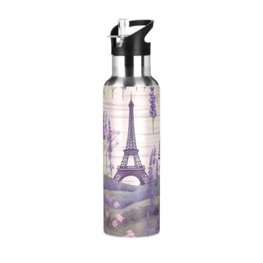 Imagem de Wassud Garrafa de água Torre Eiffel lavanda (2) garrafa de água esportiva de aço inoxidável com canudo garrafas de água isoladas copo portátil de viagem 947 ml