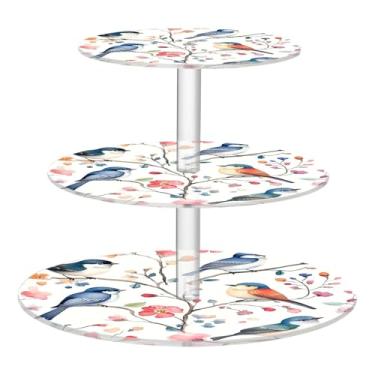 Imagem de CEBUGI Suporte de cupcake de 3 camadas, pequenos pássaros e flores, suporte redondo para bolos, torre, bandeja de servir em camadas de acrílico para chá, chá de bebê, casamento e mais