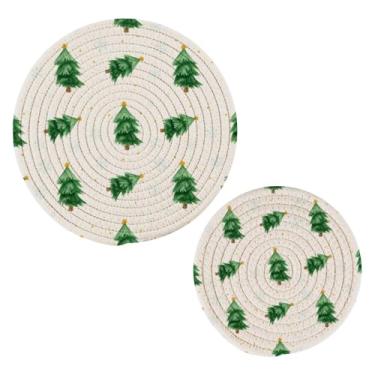 Imagem de Wassud Conjunto de enfeites de aquarela de árvores de Natal para pratos quentes, suportes de panela redondos de algodão, porta-copos elegantes, decoração de cozinha e acessórios, 2 peças