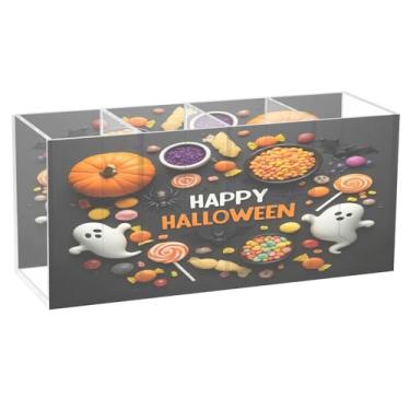 Imagem de CEBUGI Porta-canetas de acrílico com 4 compartimentos, organizador de lápis transparente, elementos de Halloween, suporte de pincéis de maquiagem para escritório em casa, escritório e escritório