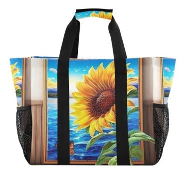 Imagem de Wassud Sacolas de compras reutilizáveis de girassol grande bolsa organizadora de lona impermeável para praia, piquenique, lavanderia, viagem