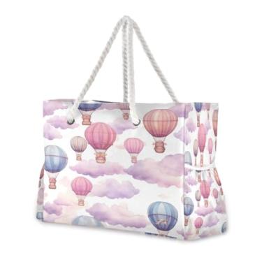 Imagem de Wassud Bolsa de praia com balões de aquarela grandes para mulheres, à prova d'água, à prova de areia, bolsa de viagem com zíper e bolso para piscina, academia, acampamento