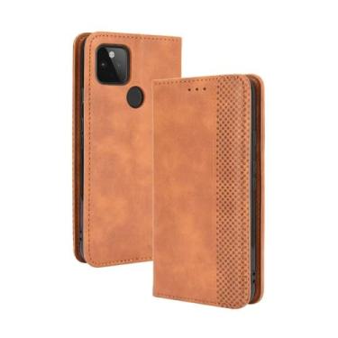 Imagem de Capa flip de couro para Google Pixel 4A 5G,Flip magnético retro,Caso de telefone de couro PU,Design de carteira com 3 slots de cartão e 1 clipe de dinheiro -Brown