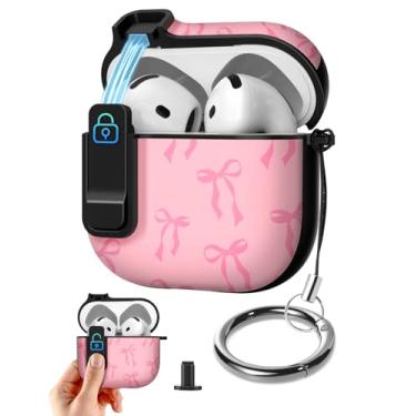 Imagem de Joyleop Capa para Airpods 4 – com trava de segurança linda feminina feminina estética bonita capa protetora contra choque rígido com chaveiro para AirPods 4ª geração 2024, laço rosa