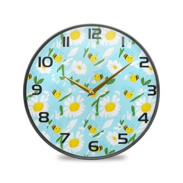 Imagem de YETTASBIN Relógio de parede acrílico Bumblebees Margaridas - Silencioso, sem tique-taque, operado por bateria, relógio redondo decorativo criativo para cozinha, sala de estar, banheiro, decoração de