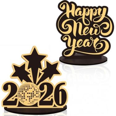 Imagem de 2 peças de decorações de mesa de ano novo 2025 placa central de madeira placa de mesa feliz ano novo bandeja em camadas decoração de inverno ornamento de madeira para férias de ano novo presentes de