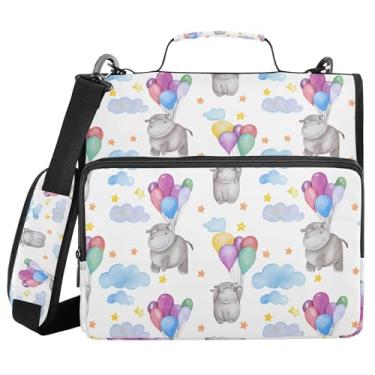 Imagem de xigua Fichário fofo com zíper para hipopótamos com alça de ombro e alça para transporte fácil, fichário de 3 anéis de 3 cm para escola, painel de expansão e arquivo expansível