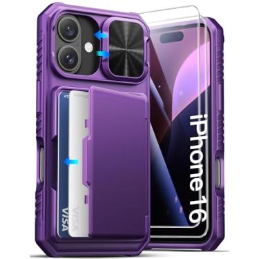 Imagem de ATATOO Capa carteira para iPhone 16 com protetor de tela de vidro temperado HD [2 unidades], suporte de cartão embutido, capa deslizante para câmera, proteção de nível militar, capa rígida para iPhone