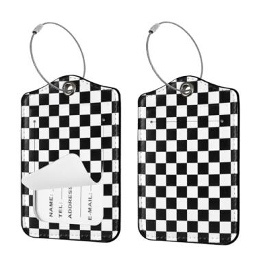 Imagem de Seorsok 2 peças de etiquetas de viagem para malas, linda etiqueta de nome de couro PU quadriculada preta com capa de privacidade e etiqueta de identificação, cartão de endereço e anel de metal durável