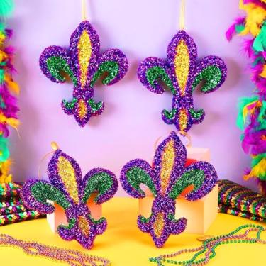 Imagem de Bucherry 4 peças de ornamentos de flor de lis de carnaval 24 cm glitter flor de lis, enfeites de pendurar carnaval roxo verde dourado para decoração de festas de árvores internas para decoração de