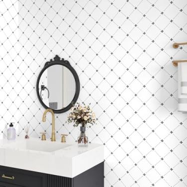 Imagem de EPPKILY Papel de parede geométrico preto para contato floral vitoriano para armários forro bancadas 44,5 cm x 259,1 cm papel de parede removível autoadesivo moderno para paredes de quarto e sala de