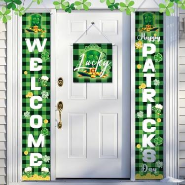Imagem de VitalCozy 3 peças, faixa feliz dia de São Patrício, capa de porta de boas-vindas, trevo irlandês, sorte, placa de varanda de boas-vindas, faixa suspensa para festa, sala de aula, casa, parede